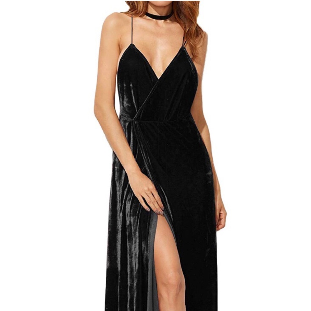 Long Strappy Black Velvet Dress with Slit